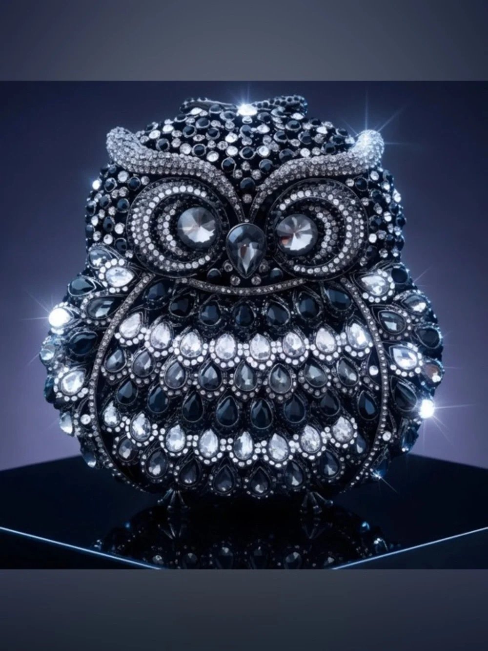 Embellished Owl Evening Clutch Bag in Clear & Black Crystals Chain Strap